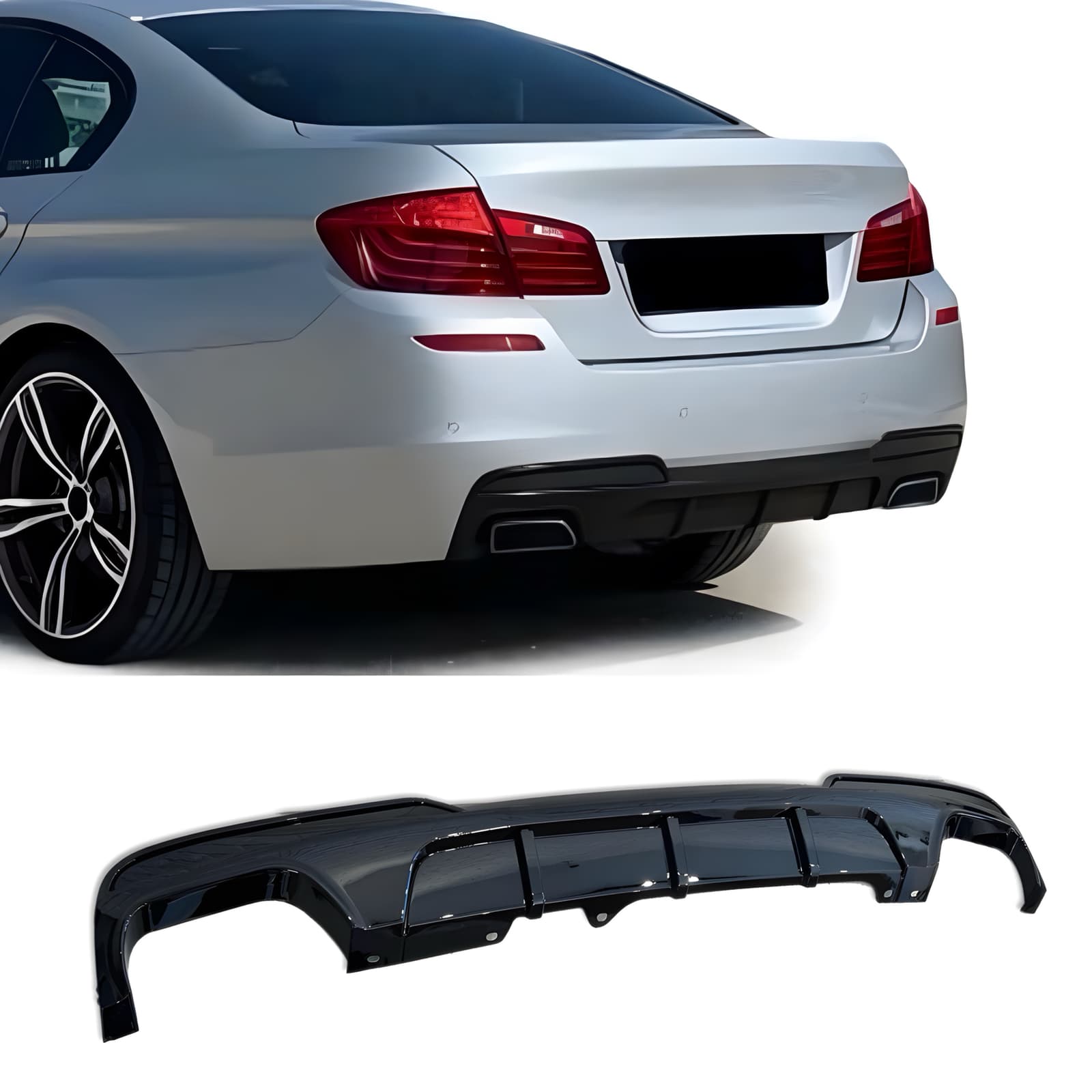 Дифузор накладка заднього бампера M - Performance BMW 5 series F10 2010-2016 під вихлоп з двох сторін, чорний глянець