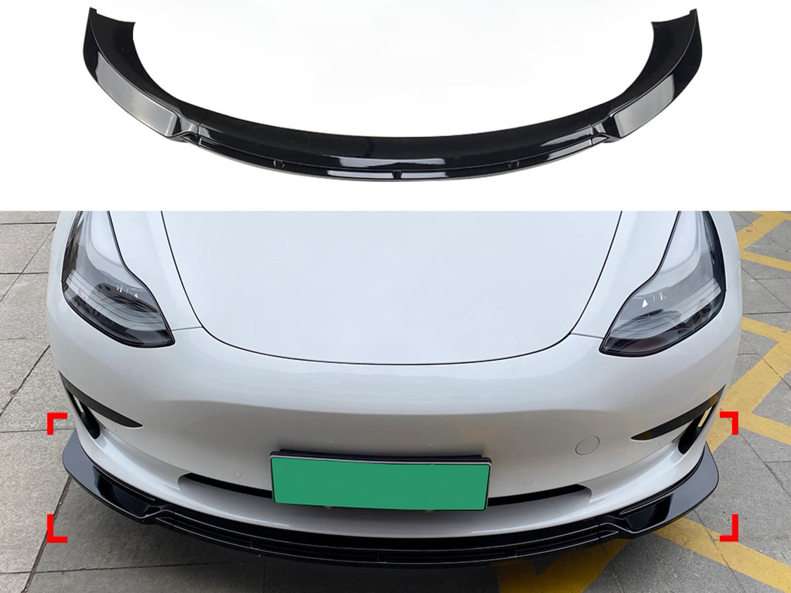 Спідниця накладка переднього бампера Maxton Design для Tesla Model 3 2017-2024 ABS пластик, колір чорний глянець