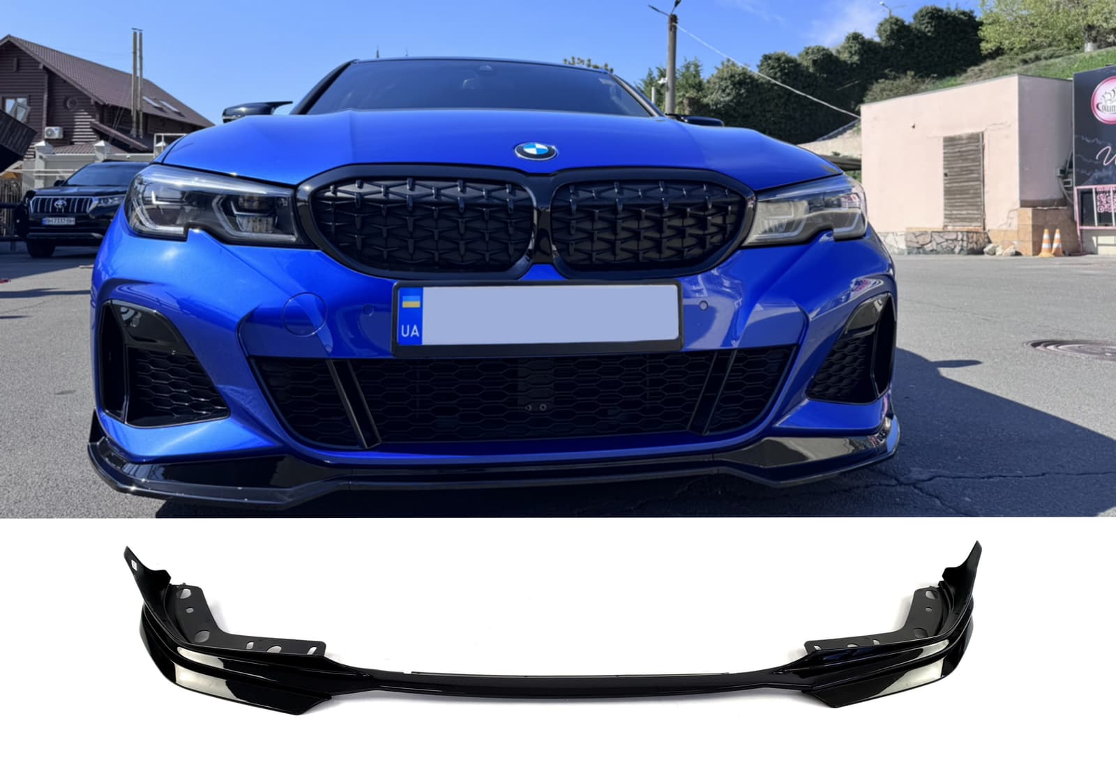 Губа (переднього бампера) Чорний глянець (M-Performance) V1 на BMW 3 Series G20 / G21 2018-2022 року