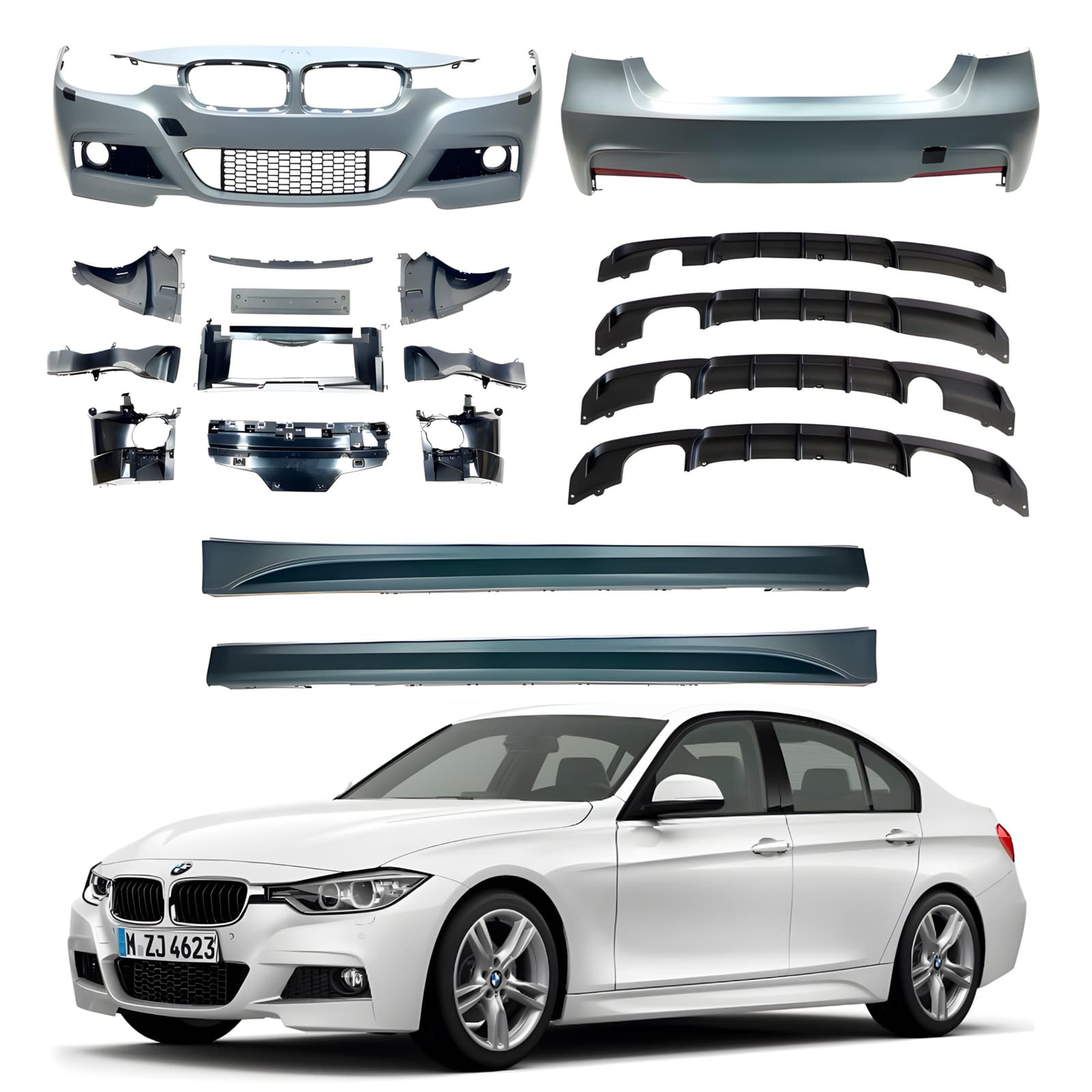 Комплект обвісу M Paket BMW 3 Series F30 2012-2018 (передній/задній бампер, пороги) БЕЗ ПАРКТРОННИКІВ